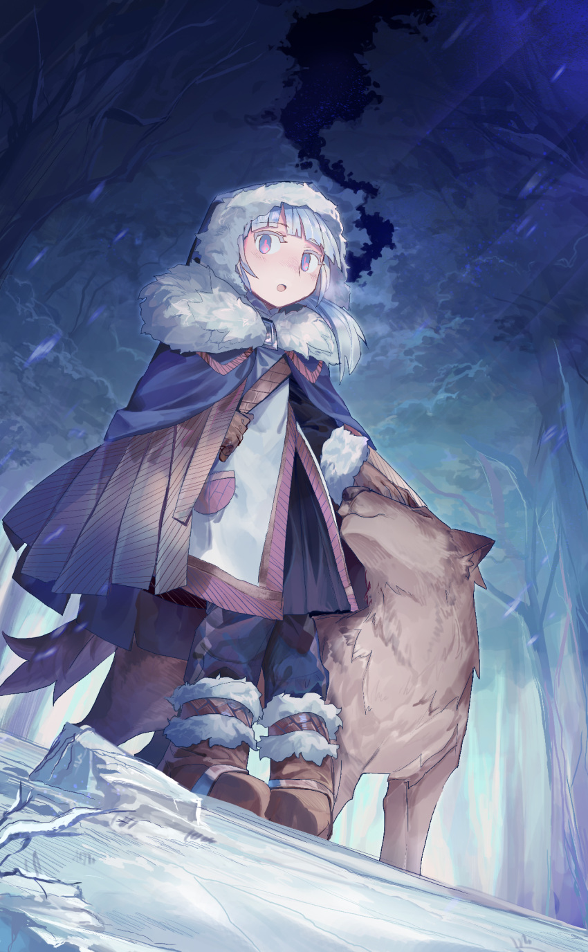 1girl bangs blunt_bangs boots brown_footwear brown_gloves cape forest fur-trimmed_boots fur_trim gloves highres hood hood_up hooded_cape long_sleeves looking_at_viewer nature original outdoors pants parted_lips pigeon-toed pink_eyes shichigatsu snow solo standing wide-eyed wolf