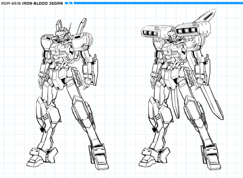 character_name gundam gundam_tekketsu_no_orphans gundam_unicorn gunpla highres jegan lineart looking_down mecha missile_pod multiple_views open_hands parody pinguinkotak radio_antenna redesign style_parody variations visor