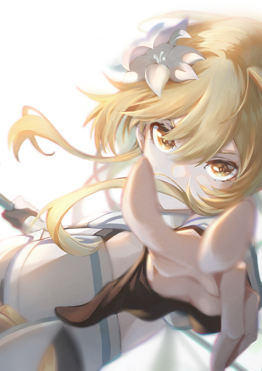 1girl absurdres blonde_hair faaallen fingerless_gloves flower genshin_impact gloves hair_flower hair_ornament hair_over_mouth highres incoming_attack looking_at_viewer lumine_(genshin_impact) outstretched_hand partially_fingerless_gloves short_hair solo sword weapon yellow_eyes