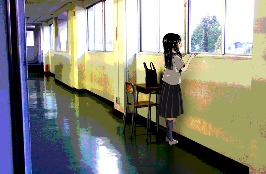 1girl bag black_hair black_skirt blue_legwear blue_sailor_collar blush chair closed_mouth day desk doorway fire_extinguisher from_side hallway highres indoors kneehighs long_hair long_skirt looking_afar looking_outside manmi original photo-referenced photo_background pleated_skirt profile sailor_collar school school_bag school_chair school_desk school_uniform serafuku shirt shoes short_sleeves skirt solo standing sunlight white_footwear white_shirt window