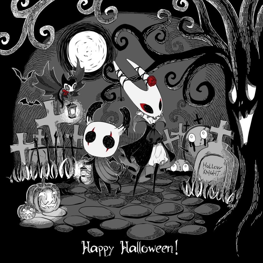 1boy 1girl 1other arizuka_(catacombe) bare_tree bat brooch cloak commentary copyright_name cravat english_text eyeliner flower full_body full_moon graveyard greyscale grimm_(hollow_knight) halloween hat highres holding holding_lantern hollow_eyes hollow_knight hornet_(hollow_knight) horns jack-o'-lantern jewelry knight_(hollow_knight) lantern looking_at_viewer makeup monochrome moon no_humans outdoors rose spot_color standing tombstone top_hat tree wings