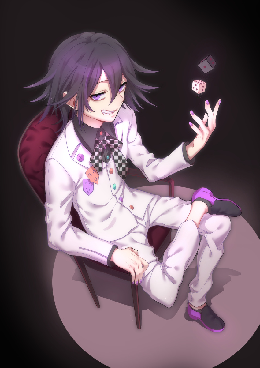 1boy absurdres alternate_costume bangs black_footwear black_hair black_shirt chair checkered checkered_neckwear checkered_ribbon commentary_request dangan_ronpa dice from_above full_body grin hair_between_eyes highres jacket long_sleeves looking_at_viewer male_focus nail_polish nanin necktie new_dangan_ronpa_v3 ouma_kokichi pants pink_nails purple_footwear purple_hair purple_nails ribbon scarf shirt shoes short_hair sitting smile solo teeth throwing violet_eyes white_jacket white_pants