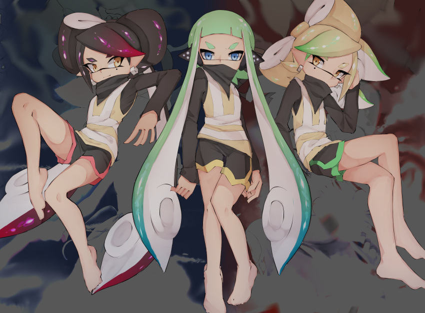 3girls aori_(splatoon) aqua_hair bangs barefoot black_hair black_shirt black_shorts blue_eyes blunt_bangs brown_eyes closed_mouth commentary covered_mouth crossed_legs dolphin_shorts domino_mask earrings english_text gameplay_mechanics gradient_hair green_hair grey_hair hand_in_hair headgear highres hotaru_(splatoon) inkling invisible_chair jewelry knee_up leaning_back long_hair long_sleeves looking_at_viewer mask medium_hair mole mole_under_eye multicolored_hair multiple_girls pointy_ears purple_hair shirt short_shorts shorts side-by-side sitting smile splatoon_(series) splatoon_1 squidbeak_splatoon sukeo_(nunswa08) swept_bangs tentacle_hair tied_hair very_long_hair vest yellow_vest