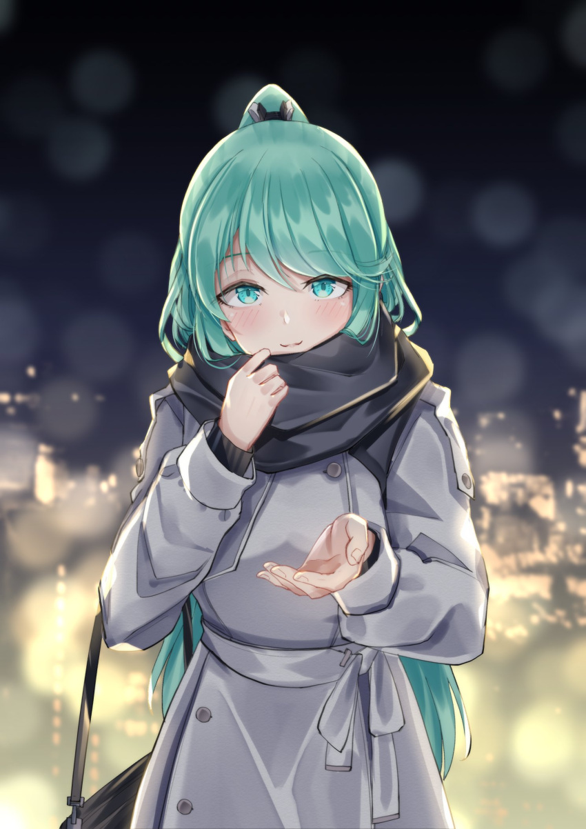 1girl bag bangs black_scarf black_sweater blush breasts city_lights coat green_eyes green_hair grey_coat handbag highres large_breasts long_hair long_ponytail long_sleeves looking_at_viewer night outdoors pneuma_(xenoblade) ponytail sarasadou_dan scarf smile solo sweater swept_bangs trench_coat very_long_hair xenoblade_chronicles_(series) xenoblade_chronicles_2