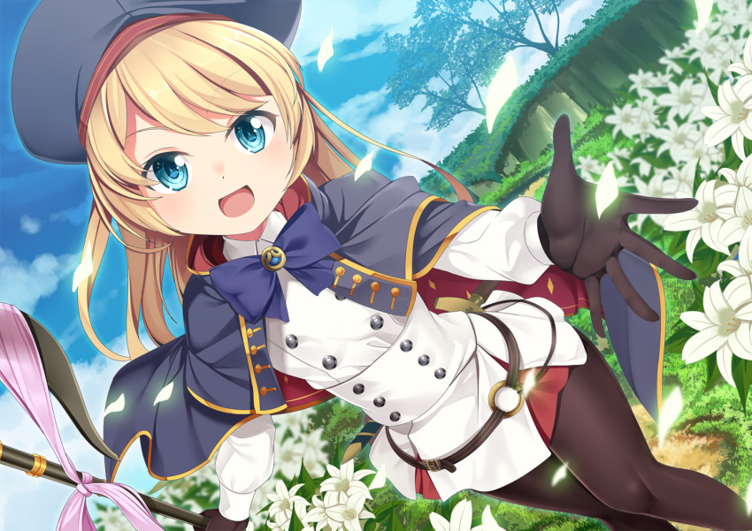 1girl :d artoria_pendragon_(all) artoria_pendragon_(caster) artoria_pendragon_(caster)_(cosplay) bangs beret black_gloves black_legwear blonde_hair blue_bow blue_capelet blue_eyes blue_headwear blue_sky blush bow bowtie capelet clouds collared_dress commentary_request cosplay cowboy_shot day double-breasted dress dutch_angle eyebrows_visible_through_hair fate/grand_order fate_(series) field gloves grass hat holding holding_staff jervis_(kantai_collection) kantai_collection long_hair long_sleeves looking_at_viewer multicolored multicolored_capelet multicolored_clothes o-ring_belt open_mouth outdoors pantyhose sidelocks sky smile solo staff standing striped_belt swept_bangs tree white_dress yasume_yukito