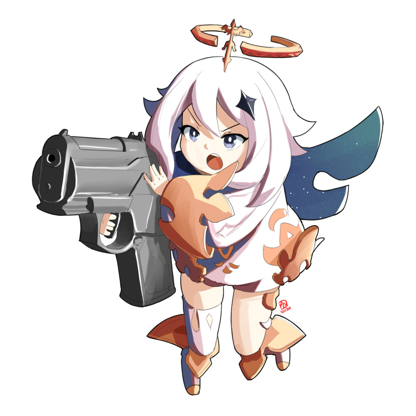 1girl angry automatic_giraffe boots floating genshin_impact grey_eyes gun hair_between_eyes halo handgun holding holding_gun holding_weapon minigirl open_mouth paimon_(genshin_impact) pistol solo v-shaped_eyebrows weapon white_background white_hair wings