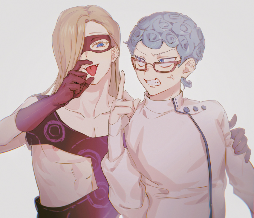2boys angry blue_eyes blue_hair clenched_teeth collarbone commentary_request curly_hair ghiaccio glasses gloves highres jojo_no_kimyou_na_bouken long_hair male_focus mask melone multiple_boys ningzzz nipples piercing teeth tongue tongue_out tongue_piercing veins vento_aureo