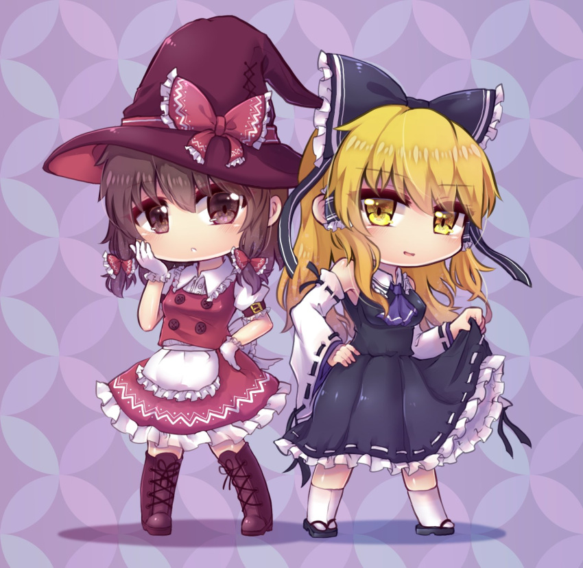 2girls apron ascot bangs black_bow black_footwear black_ribbon black_shirt black_skirt blonde_hair boots bow braid breasts brown_eyes brown_footwear brown_hair buttons collared_shirt cosplay costume_switch detached_sleeves eyebrows_visible_through_hair frilled_bow frilled_hair_tubes frills full_body gloves hair_bow hair_tubes hakurei_reimu hakurei_reimu_(cosplay) hand_on_hip hand_on_own_face hat hat_bow highres japanese_clothes kirisame_marisa kirisame_marisa_(cosplay) long_hair looking_at_viewer medium_hair miko multiple_girls open_mouth puffy_short_sleeves puffy_sleeves purple_neckwear red_bow red_headwear red_shirt red_vest ribbon ribbon-trimmed_clothes ribbon-trimmed_skirt ribbon-trimmed_sleeves ribbon_trim sandals shippou_(pattern) shippou_background shirt short_sleeves skirt smile socks touhou twin_braids unime_seaflower vest waist_apron white_gloves white_legwear white_ribbon white_shirt white_sleeves wide_sleeves witch_hat yellow_eyes