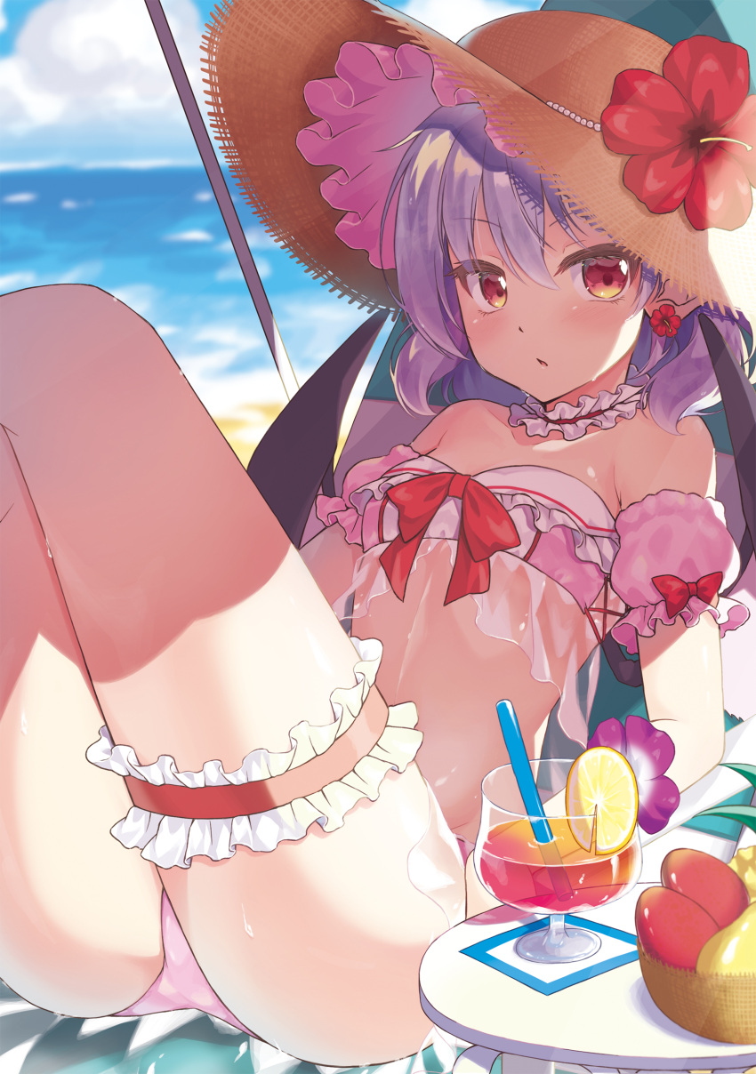 1girl :o absurdres bat_wings beni_kurage bikini blue_hair blurry blurry_background bow clouds cup detached_sleeves drink drinking_glass drinking_straw earrings eyebrows_visible_through_hair flower food hair_between_eyes hat hat_flower hibiscus highres jewelry leg_garter legs_up looking_at_viewer neck_garter ocean open_mouth pink_bikini red_eyes remilia_scarlet ribbon sand sheer_clothes short_hair sitting sky solo sun_hat swimsuit touhou wings
