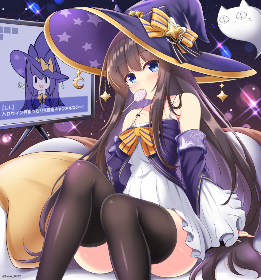 1girl arm_support azur_lane bangs bare_shoulders black_background blue_eyes blunt_bangs blush breasts brown_hair candy collarbone commentary_request detached_sleeves dress eyebrows_visible_through_hair food food_in_mouth halloween_costume hat highres kamishiro_(rsg10679) large_breasts lollipop long_hair long_island_(azur_lane) long_island_(ghost's_halloween_live_broadcast)_(azur_lane) looking_at_viewer monitor official_alternate_costume pillow purple_headwear sidelocks sitting skindentation sleeveless sleeveless_dress sleeves_past_wrists solo starry_background swirl_lollipop thigh-highs translation_request very_long_hair white_dress white_sleeves wide_sleeves witch_hat zettai_ryouiki