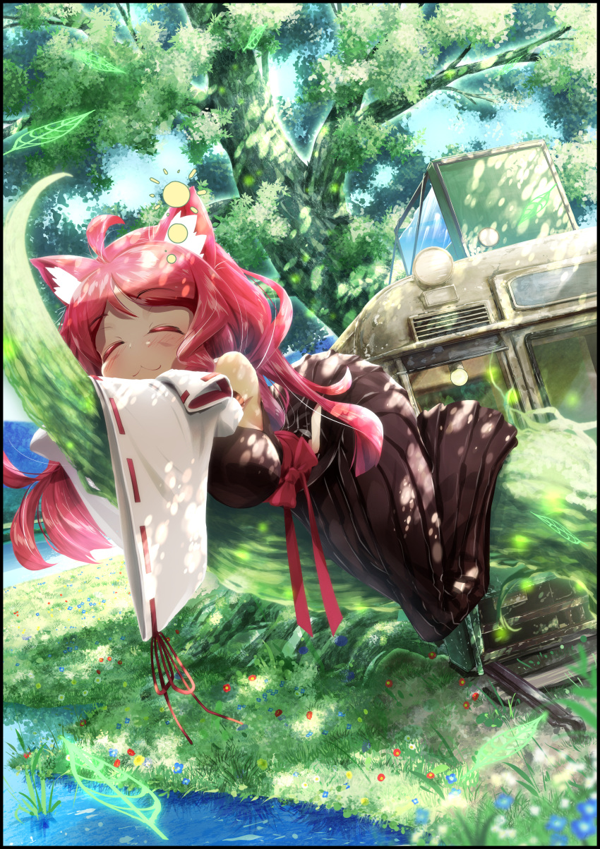 1girl :3 absurdres ahoge animal_ears bangs bare_shoulders black_border black_kimono blue_flower blue_sky blush border bow breasts cat_ears closed_eyes closed_mouth cluseller crossed_arms dappled_sunlight day detached_sleeves eyebrows_visible_through_hair flower full_body grass happy highres hip_vent hiroshima_electric_railway_type_1900 japanese_clothes kemurikusa kimono large_breasts leaf long_hair lying midori_(kemurikusa) obi on_stomach outdoors red_bow red_flower redhead ribbon-trimmed_sleeves ribbon_trim ritsu_(kemurikusa) sash shiny shiny_hair sky sleeves_past_fingers sleeves_past_wrists smile solo streetcar sunlight tree water white_flower yellow_flower