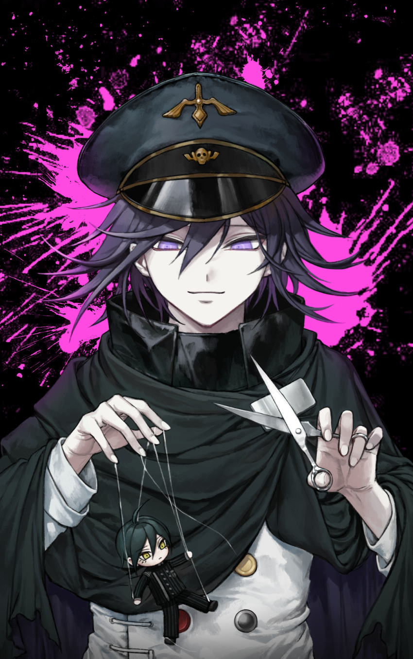 1boy bangs black_cape black_hair black_headwear cape character_doll checkered closed_mouth dangan_ronpa doll double-breasted hair_between_eyes hat highres holding holding_doll holding_scissors jacket long_sleeves looking_at_viewer male_focus moona_59 new_dangan_ronpa_v3 ouma_kokichi peaked_cap pink_eyes puppet_strings purple_hair saihara_shuuichi scarf scissors short_hair smile solo straitjacket upper_body violet_eyes white_jacket