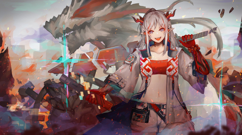 1girl :d arknights bandeau bangs bead_bracelet beads belt black_belt body_markings bracelet braid breasts coat collarbone commentary_request cowboy_shot dragon dragon_horns earrings eyebrows_visible_through_hair fangs half_updo highres holding holding_sword holding_weapon horns jacket jewelry long_hair looking_at_viewer midriff multicolored_hair navel nian_(arknights) open_clothes open_coat open_mouth over_shoulder pointy_ears red_bandeau redhead rubble sasa_kurumi short_shorts shorts sidelocks silver_hair smile solo standing streaked_hair sword tassel tassel_earrings upper_teeth violet_eyes weapon weapon_over_shoulder white_coat white_jacket white_shorts wide_sleeves