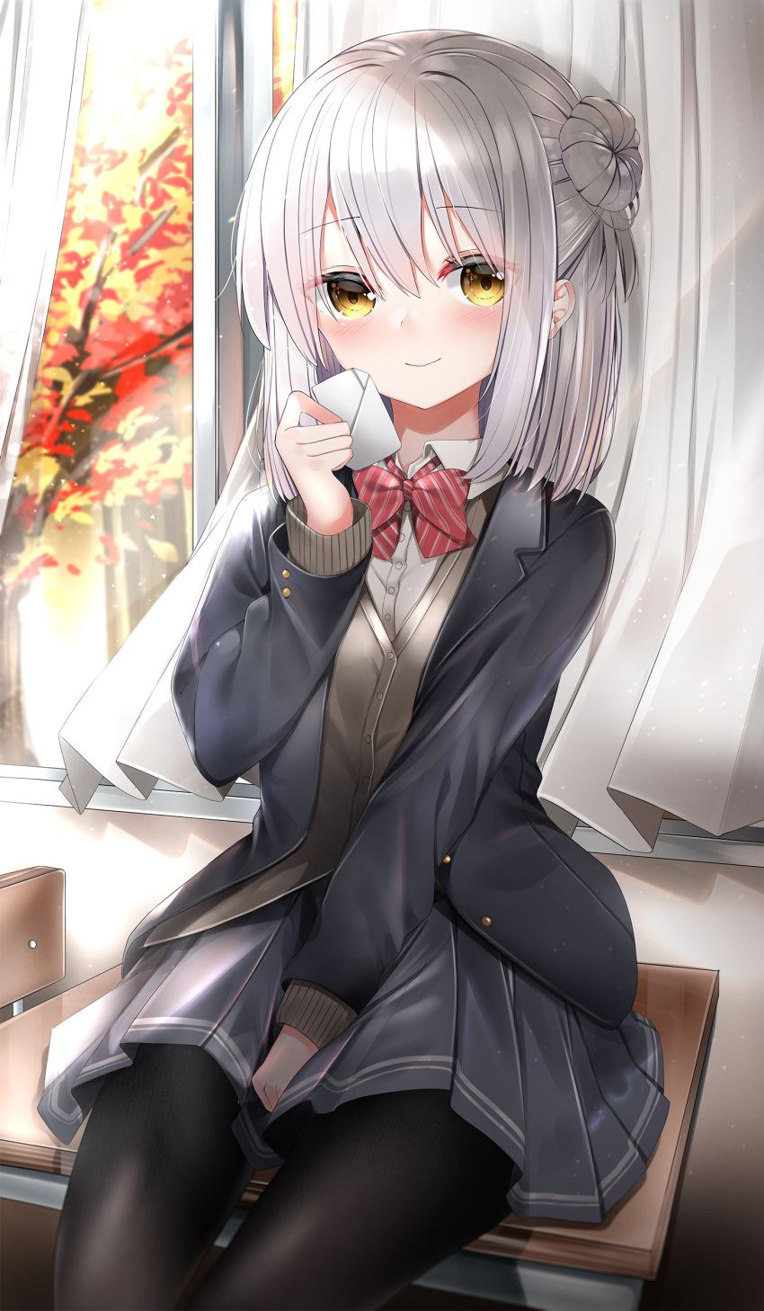 1girl absurdres autumn_leaves bangs between_legs black_legwear blazer blue_skirt blush bow bowtie cardigan chair collared_shirt curtains desk eyebrows_visible_through_hair feet_out_of_frame hair_between_eyes hair_bun hand_between_legs highres indoors jacket medium_hair neku_(neku_draw) on_table open_blazer open_clothes open_jacket original pantyhose pleated_skirt red_bow red_neckwear school_chair school_desk school_uniform shirt silver_hair sitting sitting_on_table skirt smile solo striped striped_bow table tree white_shirt window yellow_eyes