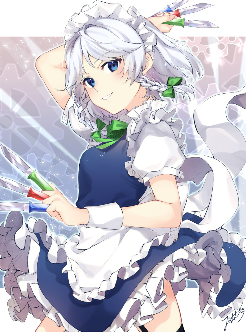 1girl apron arm_behind_head arm_up back_bow blue_dress blue_eyes blush bow braid breasts commentary_request cowboy_shot dress frills gears green_bow green_neckwear green_ribbon hair_bow highres holding holding_knife izayoi_sakuya jill_07km knife legs_apart looking_at_viewer maid maid_apron maid_headdress neck_ribbon parted_lips petticoat puffy_short_sleeves puffy_sleeves ribbon short_hair short_sleeves signature small_breasts smile solo throwing_knife touhou twin_braids weapon white_background white_bow white_hair wristband