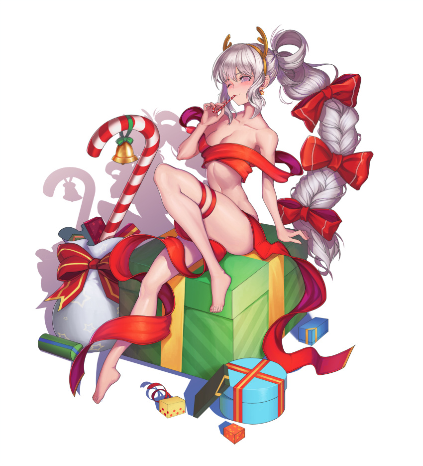 1girl bag bangs bell bow box candy candy_cane dmitriy_samarkin fake_antlers food gift gift_box green_bow grey_hair hair_ribbon hairband highres leg_up long_hair naked_ribbon navel one_eye_closed original pink_eyes red_bow ribbon shadow sitting skindentation solo very_long_hair white_background