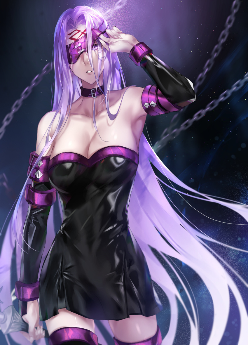 1girl black_dress black_footwear black_sleeves blindfold blindfold_lift boots breasts chain collar cowboy_shot dagger detached_sleeves dress facial_mark fate/stay_night fate_(series) forehead_mark highres holding holding_weapon large_breasts long_hair long_sleeves muneomon_(takomon) nameless_dagger one_eye_covered purple_blindfold purple_collar purple_hair rider short_dress solo square_pupils standing strapless strapless_dress thigh-highs thigh_boots tube_dress very_long_hair weapon