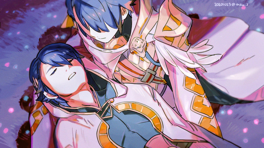 2boys alfonse_(fire_emblem) armor blonde_hair blue_hair blue_shirt cape closed_eyes closed_mouth coat cosplay fire_emblem fire_emblem_heroes gradient_hair grass hair_between_eyes hair_over_eyes highres hood hood_down hooded_coat kiran_(fire_emblem) kiran_(fire_emblem)_(cosplay) lap_pillow multicolored_hair multiple_boys open_clothes open_mouth shirt short_hair shoulder_armor sitting spoilers teeth tnka_3 twitter_username white_armor white_cape white_coat