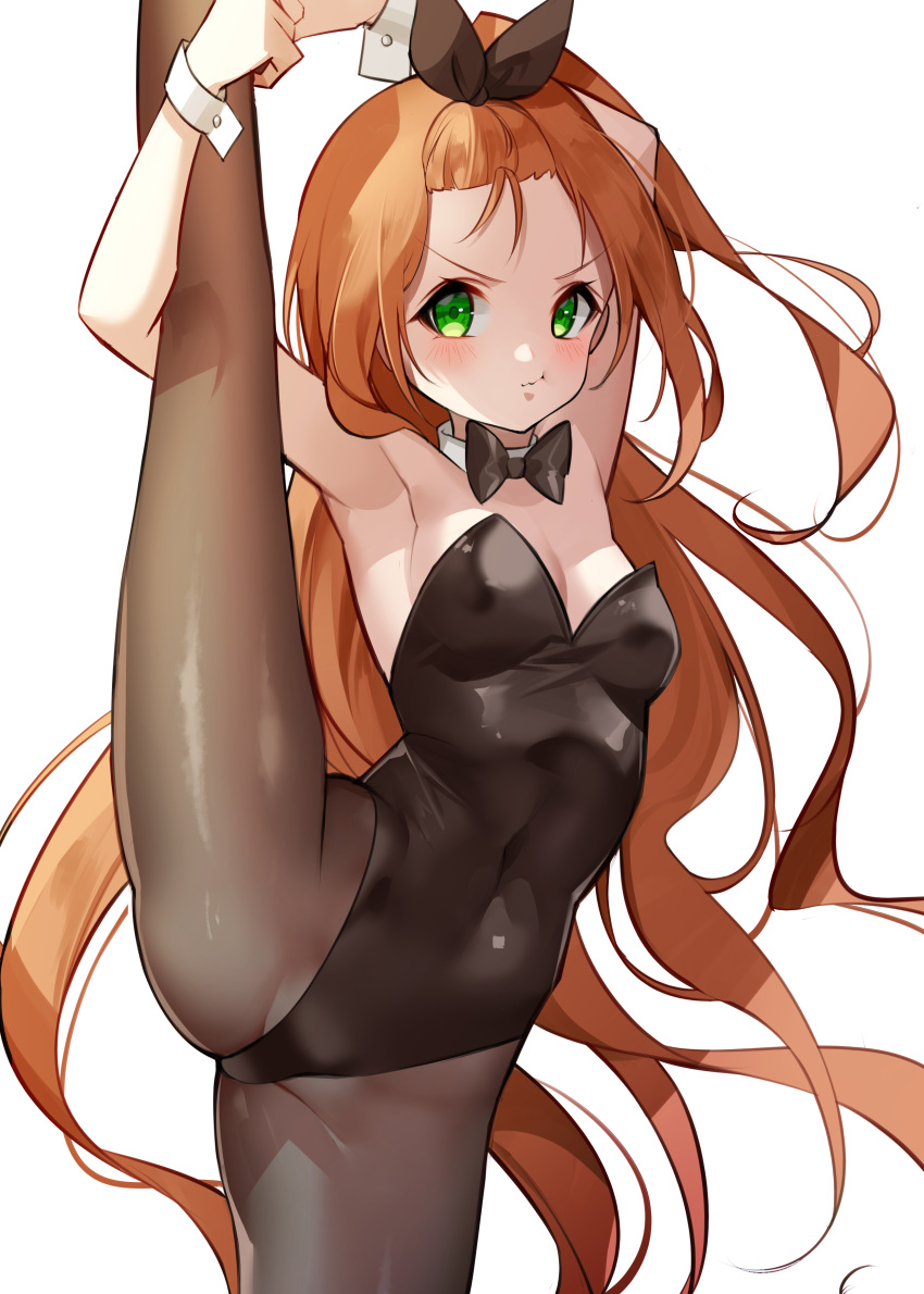 1girl :t absurdres arms_up black_leotard black_neckwear black_ribbon blush bow bowtie breasts brown_hair brown_legwear closed_mouth collar commentary covered_navel detached_collar feet_out_of_frame forehead gin2 green_eyes hair_ribbon highres leg_up leotard long_hair looking_at_viewer original pantyhose playboy_bunny pout ribbon simple_background small_breasts solo split standing standing_on_one_leg standing_split strapless strapless_leotard symbol_commentary v-shaped_eyebrows very_long_hair white_background white_collar wrist_cuffs