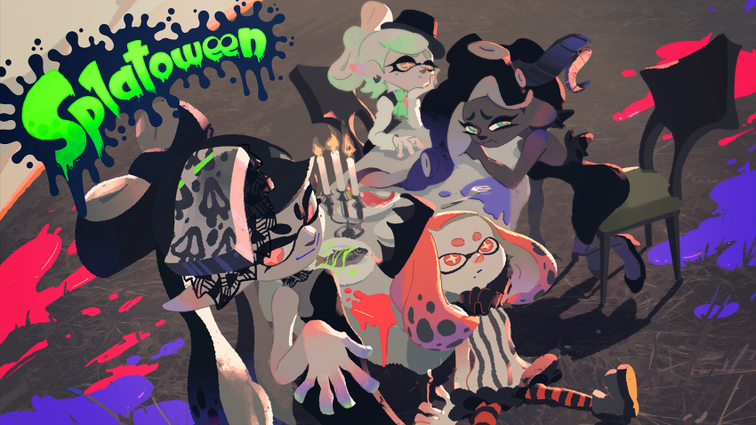 +_+ 4girls alternate_costume aori_(splatoon) arm_support backless_dress backless_outfit boots candelabra candle candlestand cephalopod_eyes chin_rest costume crown domino_mask dress expressionless fish fork half-closed_eyes halloween hand_on_own_chin hat highres hime_(splatoon) horns hotaru_(splatoon) iida_(splatoon) ink inkling inoue_seita knee_boots logo long_hair long_sleeves looking_at_viewer mask mole mole_under_eye mole_under_mouth multicolored multicolored_skin multiple_girls object_on_head octoling official_art on_floor pink_eyes pink_pupils plate pointy_ears sitting sleeveless sleeveless_dress smile splatoon_(series) splatoon_1 splatoon_2 striped striped_legwear suction_cups table tentacle_hair