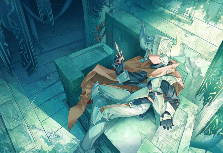 1other androgynous arrow_(projectile) banner black_jacket blue_eyes brown_cape cape closed_mouth eyes_visible_through_eyewear gauntlets helmet highres holding horned_helmet jacket looking_at_viewer metal_boots original pants shichigatsu sitting solo throne white_pants