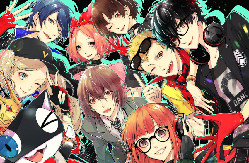 4boys 4girls akechi_gorou amamiya_ren arm_around_shoulder bangs baseball_cap black_gloves black_hair black_headwear black_neckwear blonde_hair blue_hair bracelet brown_hair cat crown eyewear_on_head fingerless_gloves glasses gloves grin hairband hat headphones headphones_around_neck index_finger_raised jacket jewelry kitagawa_yuusuke long_hair long_sleeves morgana_(persona_5) multiple_boys multiple_girls nail_polish necktie niijima_makoto okumura_haru one_eye_closed open_mouth orange_hair outline pants persona persona_5 persona_5:_dancing_star_night plaid plaid_pants red_gloves sakamoto_ryuuji sakura_futaba shirt simple_background smile spiked_bracelet spikes sunglasses sweat takamaki_anne twintails w yuu_(isis7796)