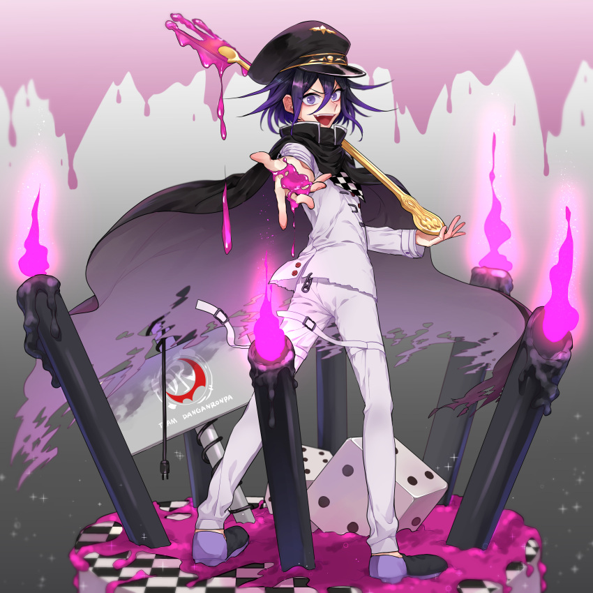 1boy absurdres black_cape black_hair black_headwear cake candle candlelight cape checkered checkered_scarf commentary_request copyright_name cream dangan_ronpa fang food foreshortening fork from_behind full_body hair_between_eyes hat highres holding holding_fork jacket long_sleeves looking_at_viewer male_focus nanin new_dangan_ronpa_v3 open_mouth ouma_kokichi oversized_object pants purple_hair scarf short_hair smile solo standing straitjacket upper_teeth violet_eyes white_jacket white_pants