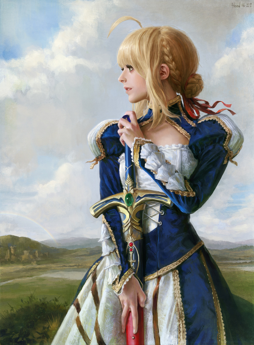 1girl absurdres ahoge artist_name artoria_pendragon_(all) bangs blonde_hair blue_dress braid braided_bun breasts caliburn castle clouds cloudy_sky cowboy_shot cross-laced_clothes dress elvafirst english_commentary fate/stay_night fate_(series) french_braid frilled_dress frills gem gold_trim grass green_eyes hair_ribbon highres holding holding_sword holding_weapon juliet_sleeves landscape long_sleeves looking_away looking_to_the_side medium_breasts photo-referenced puffy_sleeves rainbow red_ribbon ribbon saber scabbard sheath short_hair sidelocks signature sky solo standing sword weapon