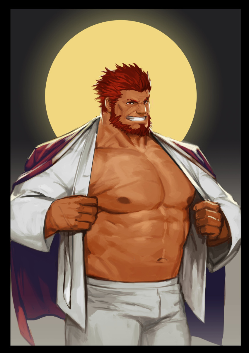 1boy abs absurdres alternate_costume bara bare_chest beard chest cowboy_shot facial_hair fate/grand_order fate/zero fate_(series) highres iskandar_(fate) jacket male_focus moon muscle navel nipples open_clothes open_jacket pants red_eyes redhead short_hair smile solo thick_thighs thighs traver009 white_pants