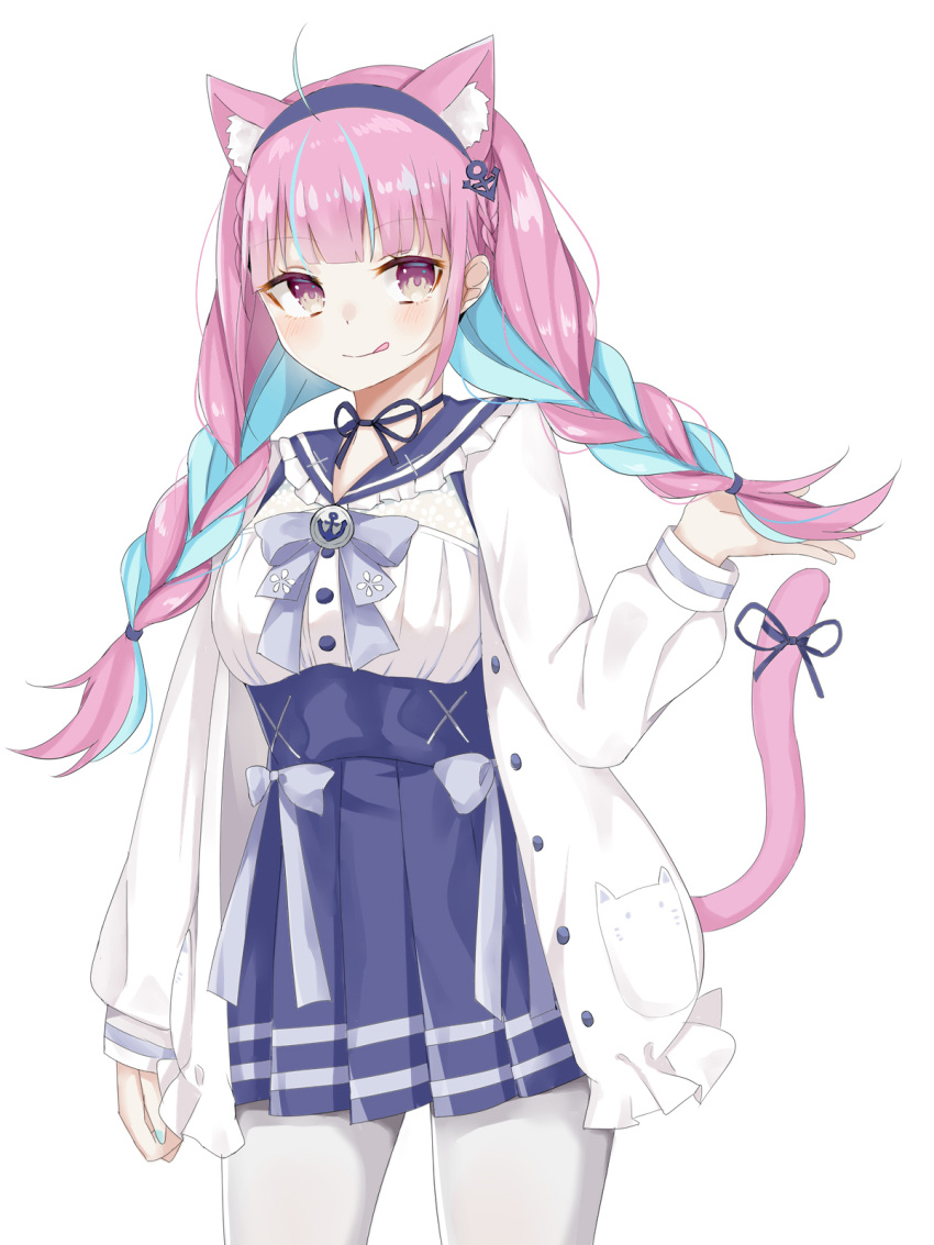 1girl :q ahoge anchor_symbol animal_ear_fluff animal_ears blue_bow blue_hair blue_hairband blue_ribbon blue_sailor_collar blue_skirt blush bow braid breasts cat_ears cat_girl cat_tail closed_mouth commentary_request frilled_sailor_collar hairband hand_up high-waist_skirt highres hololive jacket long_hair long_sleeves looking_at_viewer medium_breasts minato_aqua multicolored_hair open_clothes open_jacket pantyhose pink_hair pleated_skirt puffy_long_sleeves puffy_sleeves ribbon sailor_collar shirt simple_background skirt smile solo swon_(joy200892) tail tail_raised tail_ribbon tongue tongue_out twin_braids twintails two-tone_hair very_long_hair violet_eyes virtual_youtuber white_background white_jacket white_legwear white_shirt