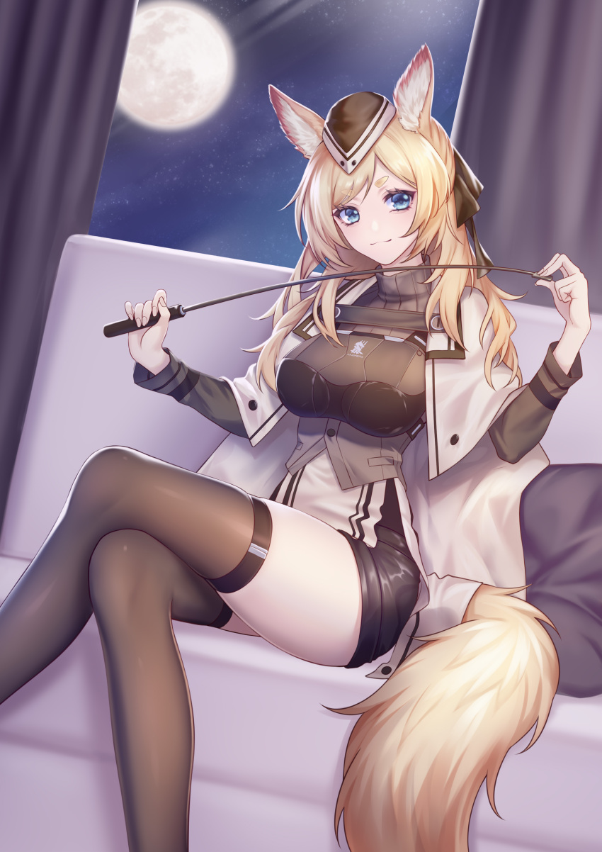 1girl absurdres animal_ears arknights black_headwear black_ribbon blonde_hair blue_eyes breasts cape commentary_request couch crossed_legs curtains feet_out_of_frame full_moon grey_shirt hair_ribbon highres kirby_d_a large_breasts long_hair long_sleeves moon night night_sky partial_commentary pillow ribbon shirt sitting sky solo tail thick_eyebrows thigh-highs thighs turtleneck whislash_(arknights) white_cape