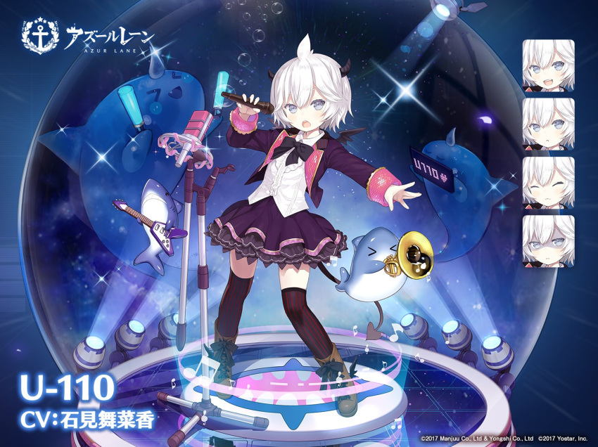 &gt;_&lt; 1girl :d anchor_symbol animal azur_lane bangs black_bow black_wings blush boots bow brown_footwear capriccio character_name closed_eyes closed_mouth collared_shirt commentary_request copyright_name cross-laced_footwear demon_girl demon_horns demon_wings electric_guitar expressions eyebrows_visible_through_hair fang glowstick grey_eyes guitar hair_between_eyes heart holding holding_microphone horns instrument jacket lace-up_boots looking_at_viewer microphone microphone_stand mini_wings official_art open_clothes open_jacket open_mouth outstretched_arm pleated_skirt purple_jacket purple_skirt shaded_face shark shirt skirt smile standing striped striped_legwear thigh-highs trumpet u-110_(azur_lane) upper_teeth vertical-striped_legwear vertical_stripes watermark white_hair white_shirt wings xd