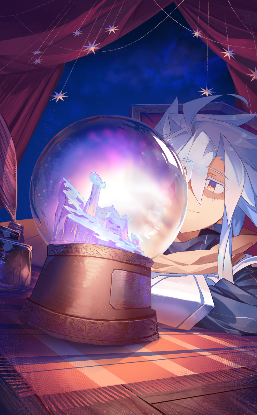 1other ahoge ambiguous_gender bright_pupils brown_cape brown_eyes cape closed_mouth crystal_ball curtains foreshortening grey_hair hair_between_eyes highres original shichigatsu slit_pupils smile table white_pupils