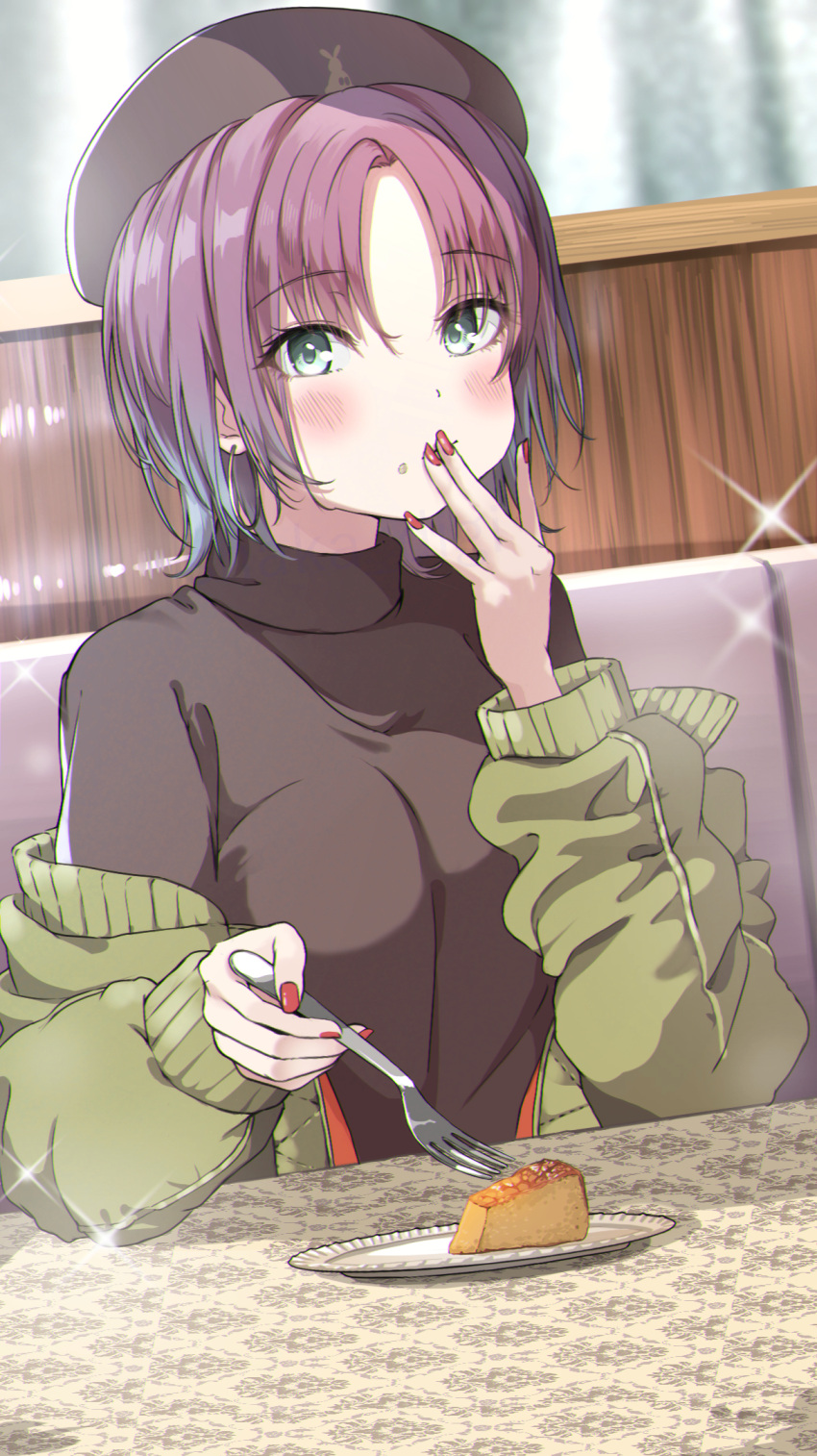 1girl asakura_tooru bangs beret black_headwear black_shirt blush breasts closed_mouth commentary_request couch eyebrows_visible_through_hair food food_on_face fork green_eyes green_jacket hair_between_eyes hand_up hat highres holding holding_fork idolmaster idolmaster_shiny_colors indoors jacket long_sleeves medium_breasts nail_polish off_shoulder on_couch open_clothes open_jacket parted_bangs plate puffy_long_sleeves puffy_sleeves purple_hair red_nails shaka_(staito0515) shirt short_hair sitting sleeves_past_wrists solo sparkle table