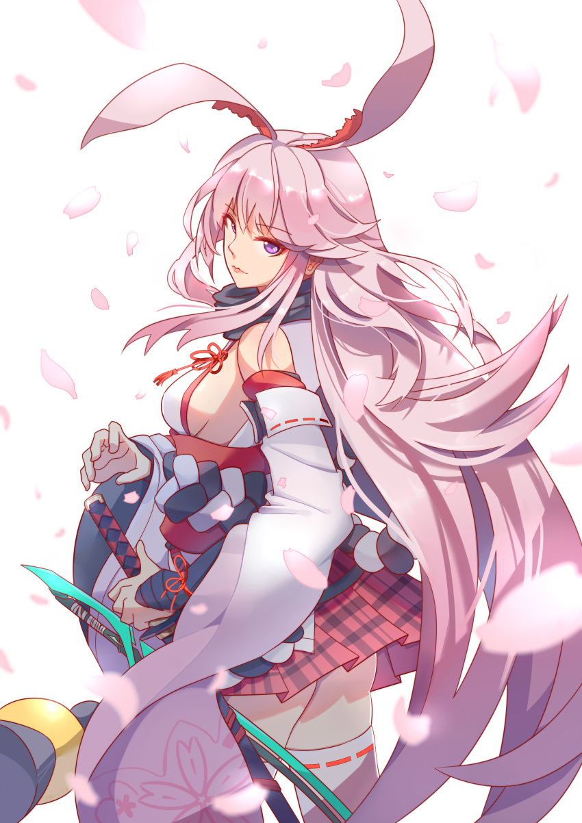 1girl absurdres animal_ears back bare_shoulders breasts dxy fox_ears highres holding holding_sword holding_weapon honkai_(series) honkai_impact_3rd katana lips long_hair looking_at_viewer looking_back petals pink_hair pink_skirt sheath sheathed sideboob simple_background skirt solo sword thigh-highs very_long_hair violet_eyes weapon white_background white_legwear yae_sakura yae_sakura_(gyakushinn_miko)