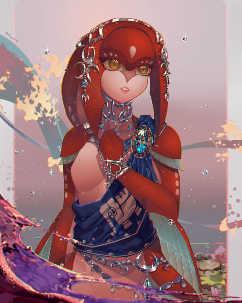 1girl absurdres artist_name bangs breasts commentary crescent crescent_moon_pin fins fish_girl gem hair_ornament hand_up highres jewelry long_hair maglacuna mipha monster_girl multicolored multicolored_skin pointy_ears red_skin redhead small_breasts smile solo standing the_legend_of_zelda the_legend_of_zelda:_breath_of_the_wild water yellow_eyes zora