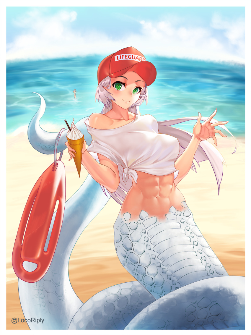 1girl abs asphyxiation beach dmitriy_samarkin drowning food green_eyes highres ice_cream ice_cream_cone lamia lifeguard long_hair looking_at_viewer monster_girl off-shoulder_shirt off_shoulder original scales shirt smile solo tied_shirt twitter_username water white_hair white_shirt