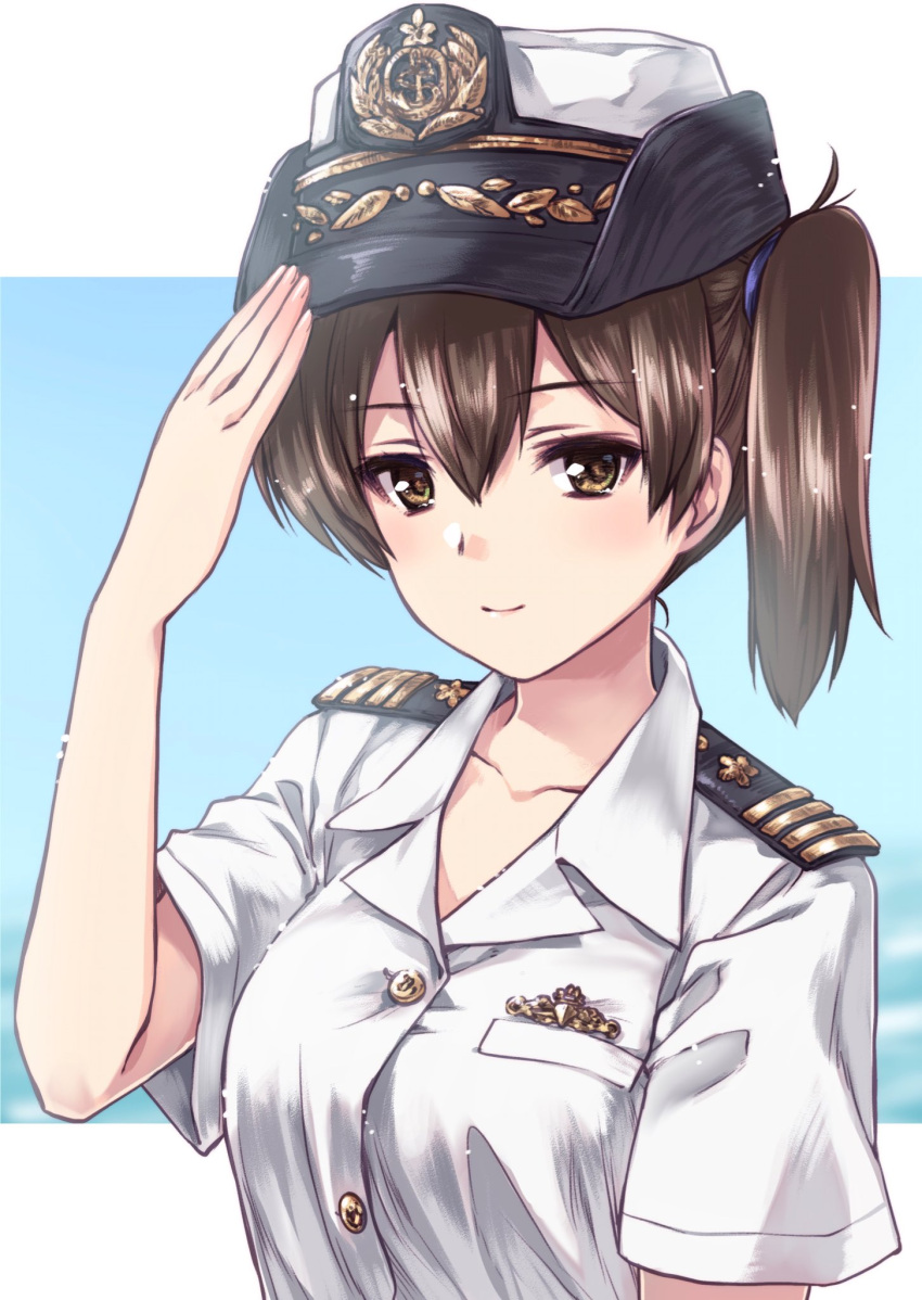 1girl bangs brown_eyes brown_hair closed_mouth commentary_request dress_shirt epaulettes female_service_cap hair_tie hat highres insignia japan_maritime_self-defense_force japan_self-defense_force kaga_(kantai_collection) kantai_collection kuroi_mimei long_hair looking_at_viewer military military_hat salute shirt short_sleeves side_ponytail solo upper_body white_headwear white_shirt