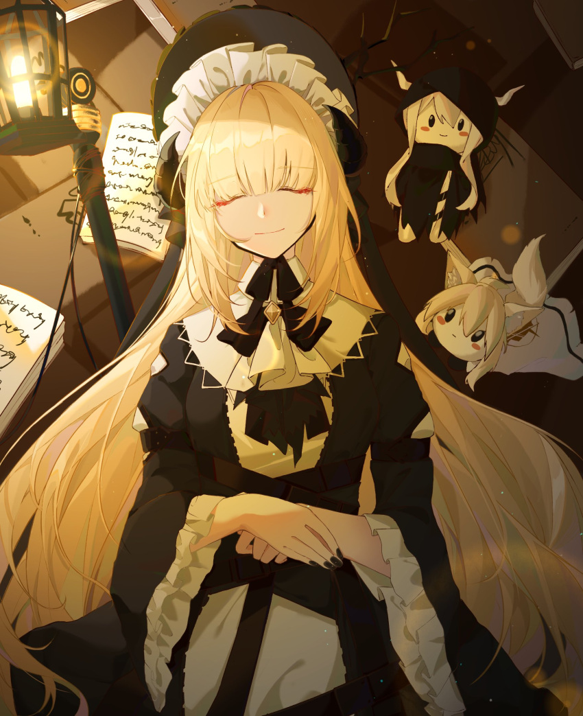 1girl arknights black_dress black_headwear black_nails blonde_hair bonnet character_doll character_request closed_eyes closed_mouth commentary_request dress facing_viewer frilled_sleeves frills highres horns juliet_sleeves lantern long_hair long_sleeves lying mkt_(pixiv15187870) nail_polish nightingale_(arknights) on_back own_hands_together puffy_sleeves shining_(arknights) smile solo very_long_hair wide_sleeves