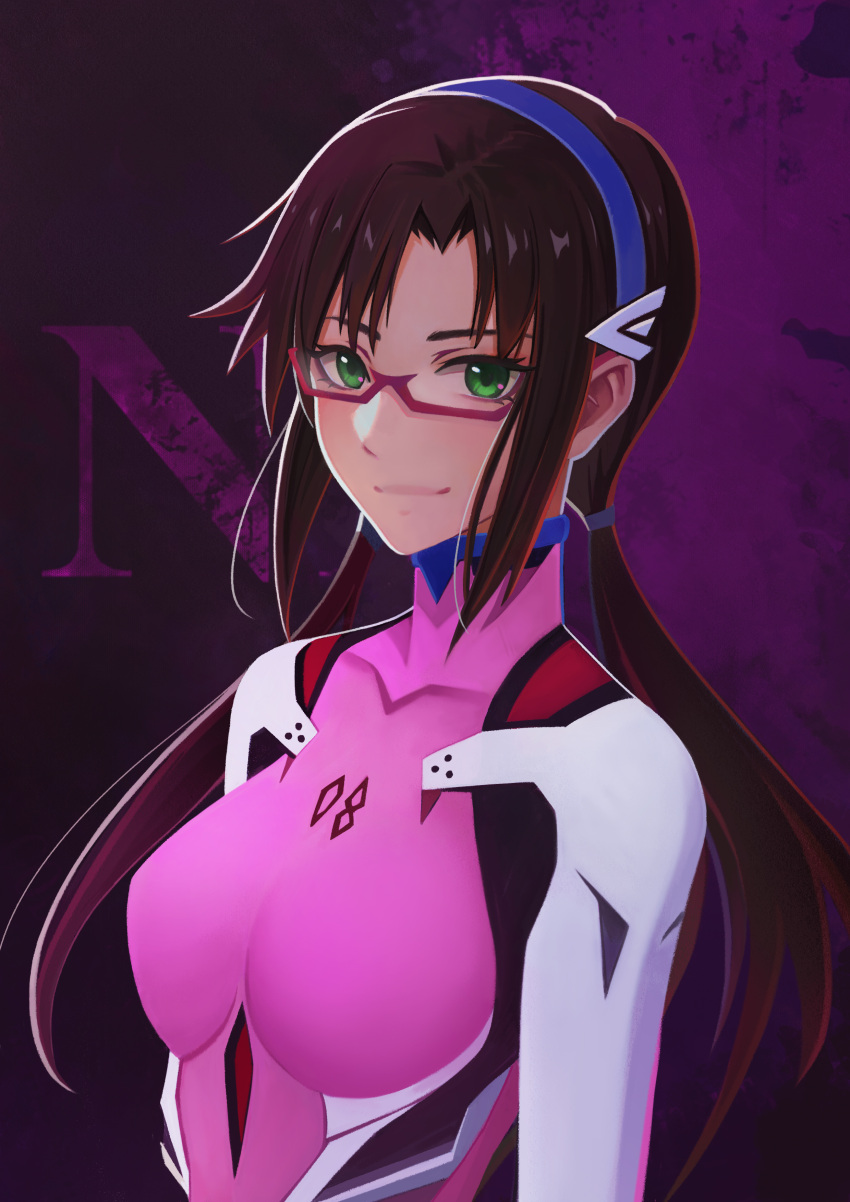 absurdres breasts brown_hair collarbone glasses green_eyes hairband highres long_hair looking_at_viewer makinami_mari_illustrious neon_genesis_evangelion plugsuit smile twintails wen_hao_lai