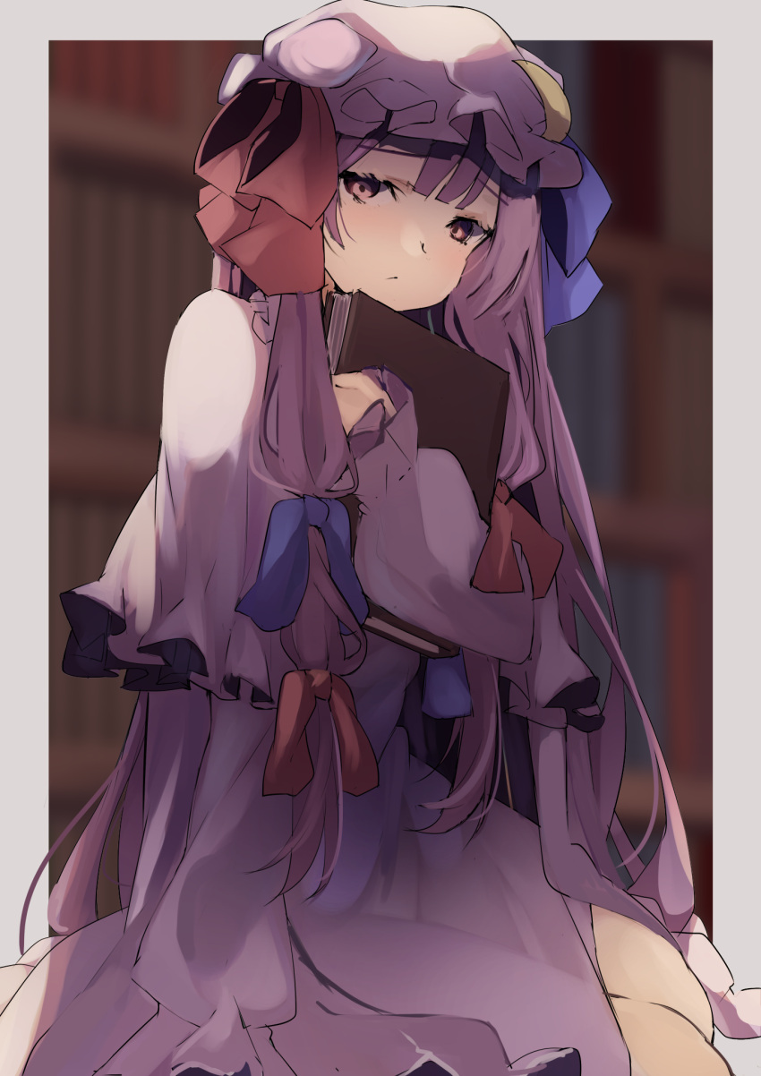 1girl blue_ribbon book book_hug bookshelf capelet commentary crescent crescent_moon_pin dress hair_ribbon hat hat_ribbon highres holding holding_book long_hair long_sleeves looking_at_viewer mob_cap patchouli_knowledge purple_dress purple_hair purple_headwear red_ribbon ribbon solo touhou tsushi upper_body violet_eyes
