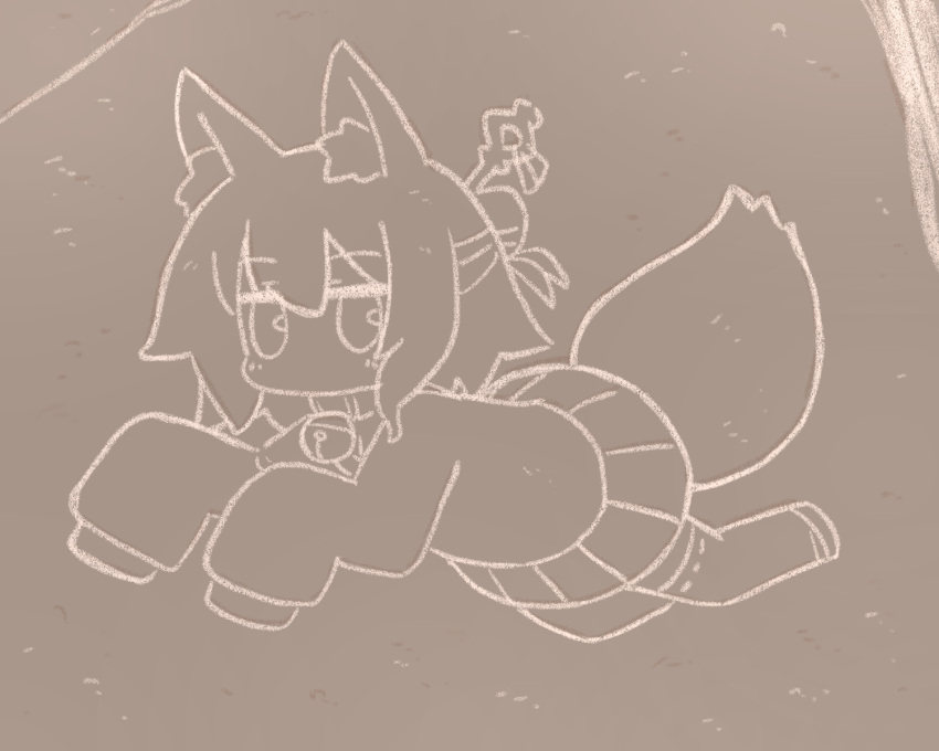 1girl animal_ear_fluff animal_ears bangs bell eyebrows_visible_through_hair fox_ears fox_girl fox_tail from_above full_body hair_between_eyes hair_bun hair_ornament highres jingle_bell kemomimi-chan_(naga_u) long_sleeves looking_at_viewer monochrome naga_u nazca_lines no_humans original pleated_skirt ribbon-trimmed_sleeves ribbon_trim shirt sidelocks skirt sleeves_past_fingers sleeves_past_wrists solo tail thigh-highs