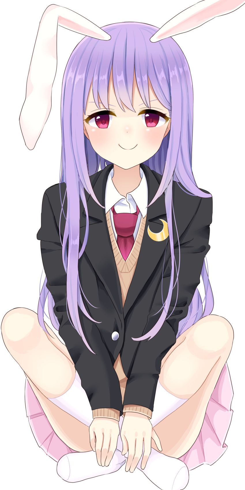 1girl absurdres animal_ears bangs beige_sweater_vest blazer blush bow breasts buttons commentary_request crescent crescent_pin dot_nose full_body happy highres indian_style jacket knees light_purple_hair long_hair long_sleeves looking_at_viewer medium_breasts necktie pink_skirt pleated_skirt rabbit_ears red_eyes red_necktie red_neckwear reisen_udongein_inaba shiny shiny_hair sidelocks simple_background sitting skirt smile socks solo stigma1101 suit_jacket thighs touhou white_background white_legwear
