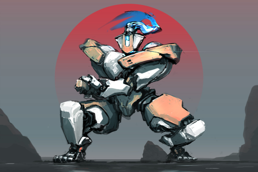 blue_eyes clenched_hand fighting_stance floating_hair glowing glowing_eye highres ksenolog mecha no_humans original ponytail solo squatting