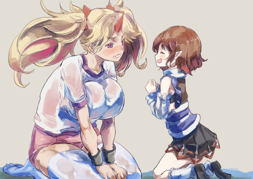 2girls blonde_hair bloomers blush breasts brown_hair closed_eyes cuffs fang gym_uniform hair_ribbon happy horns hoshiguma_yuugi kneeling large_breasts long_hair looking_at_another medium_hair mizuhashi_parsee multiple_girls pointy_ears ribbon shackles side_slit single_horn thigh-highs touhou twintails underwear violet_eyes white_legwear yohane