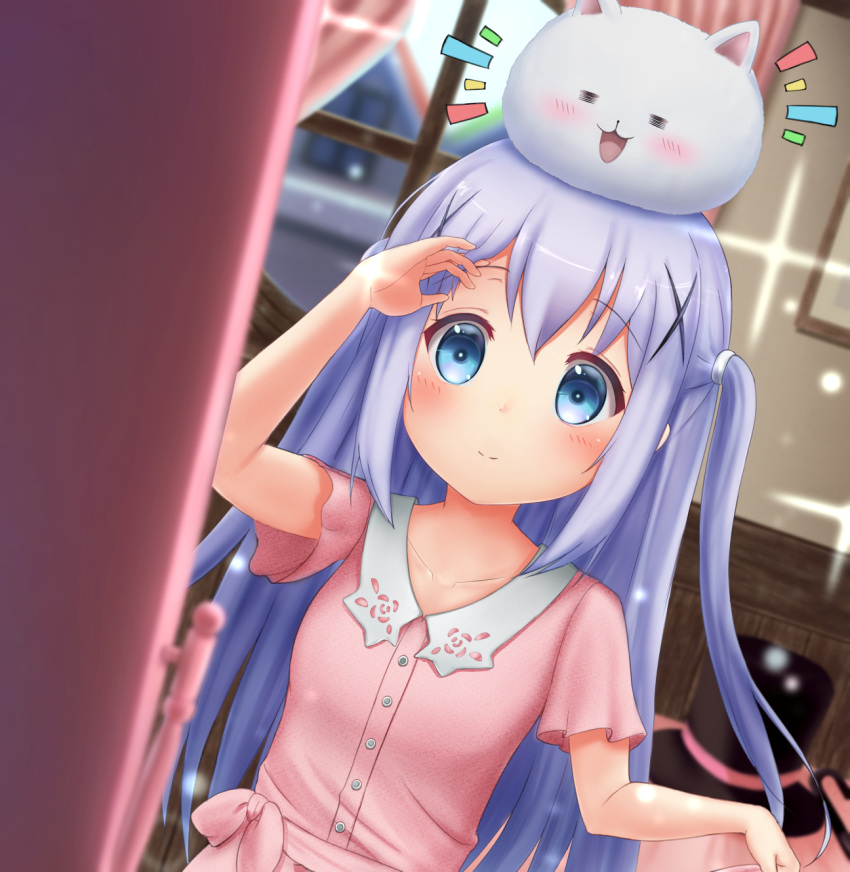 1girl :3 =_= angora_rabbit animal_on_head arms_up blue_eyes blue_hair blurry blurry_background blush bunny_on_head collarbone commentary_request dress dutch_angle eyebrows_visible_through_hair fireplace gochuumon_wa_usagi_desu_ka? hair_ornament hand_in_hair highres indoors kafuu_chino light_smile long_hair looking_at_viewer luke_(kyeftss) mirror on_head picture_frame pink_dress rabbit sash short_sleeves solo sparkle standing tippy_(gochiusa) two_side_up upper_body very_long_hair window x_hair_ornament