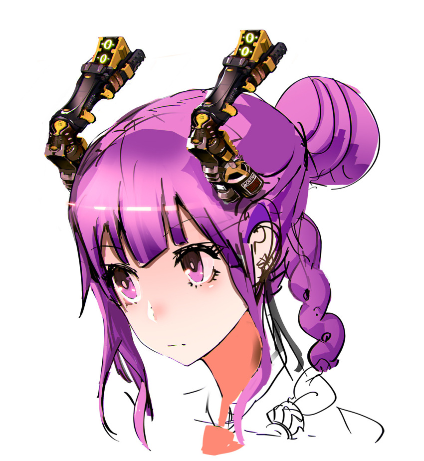 1girl braid character_request cyborg face hair_bun highres horns photoshop_(medium) purple_hair short_hair single_braid so-bin solo violet_eyes