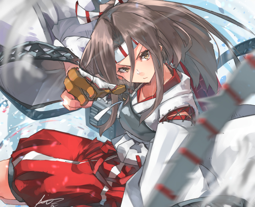 1girl blurry bow_(weapon) brown_eyes brown_gloves commentary_request depth_of_field gloves hachimaki hakama_pants headband high_ponytail highres kantai_collection long_hair looking_at_viewer machinery muneate partially_fingerless_gloves red_shorts shorts single_glove solo sunday_aki weapon yugake zuihou_(kantai_collection)