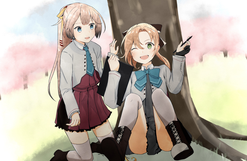 2girls absurdres akigumo_(kantai_collection) black_gloves blazer boots brown_hair cross-laced_footwear drawing_tablet dutch_angle gloves green_eyes grey_eyes grey_legwear grey_skirt hair_ribbon halterneck highres huge_filesize jacket kantai_collection kazagumo_(kantai_collection) kneeling kure_jirou lace-up_boots left-handed long_hair looking_at_viewer multiple_girls one_eye_closed partially_fingerless_gloves pleated_skirt ponytail purple_skirt remodel_(kantai_collection) ribbon school_uniform single_glove skirt stylus thigh-highs tree tsurime