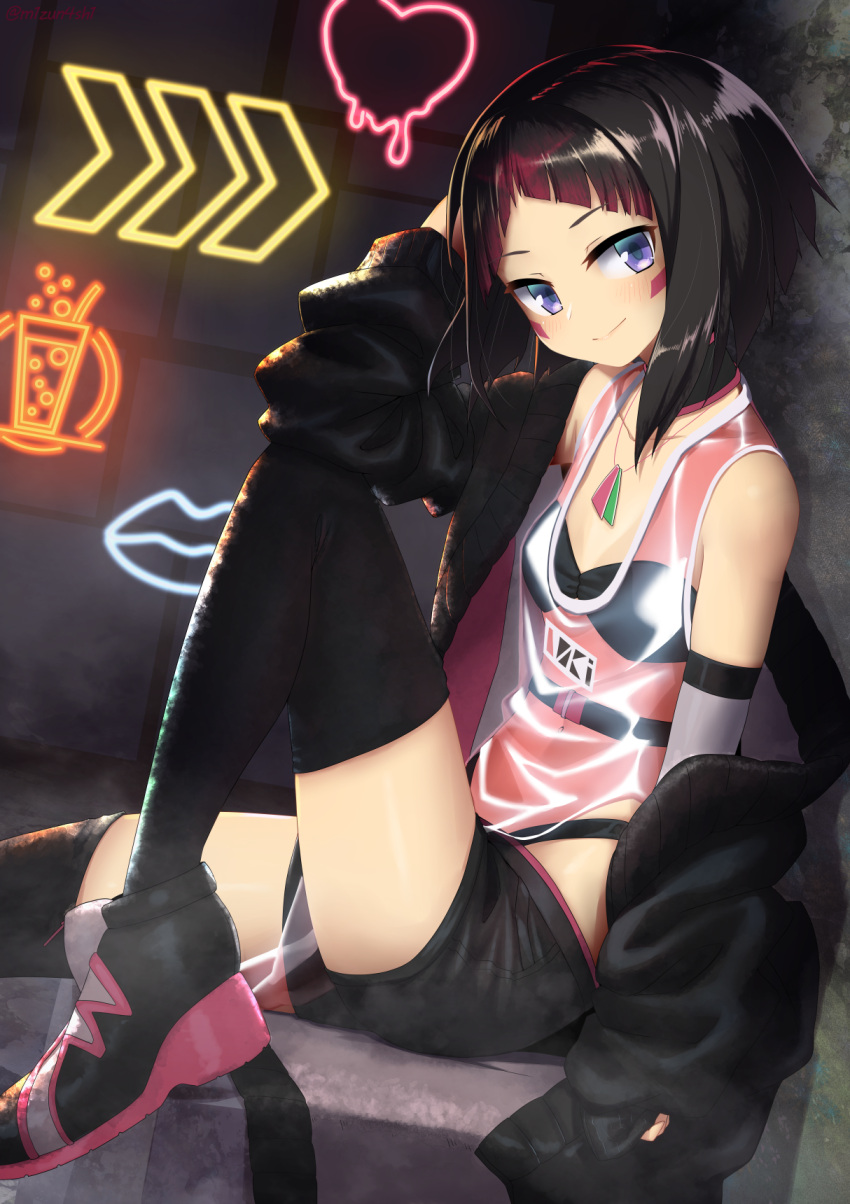 1girl arm_up arrow_(symbol) azki_(hololive) bare_shoulders black_collar black_footwear black_hair black_jacket black_legwear black_shorts blush breasts closed_mouth collar collarbone commentary_request covered_navel facial_mark heart highres hololive jacket knee_up long_sleeves looking_at_viewer mizunashi_(second_run) multicolored_hair neon_lights off_shoulder open_clothes open_jacket redhead see-through shoes short_hair short_shorts shorts sitting sleeves_past_wrists small_breasts smile solo streaked_hair tank_top thigh-highs violet_eyes virtual_youtuber